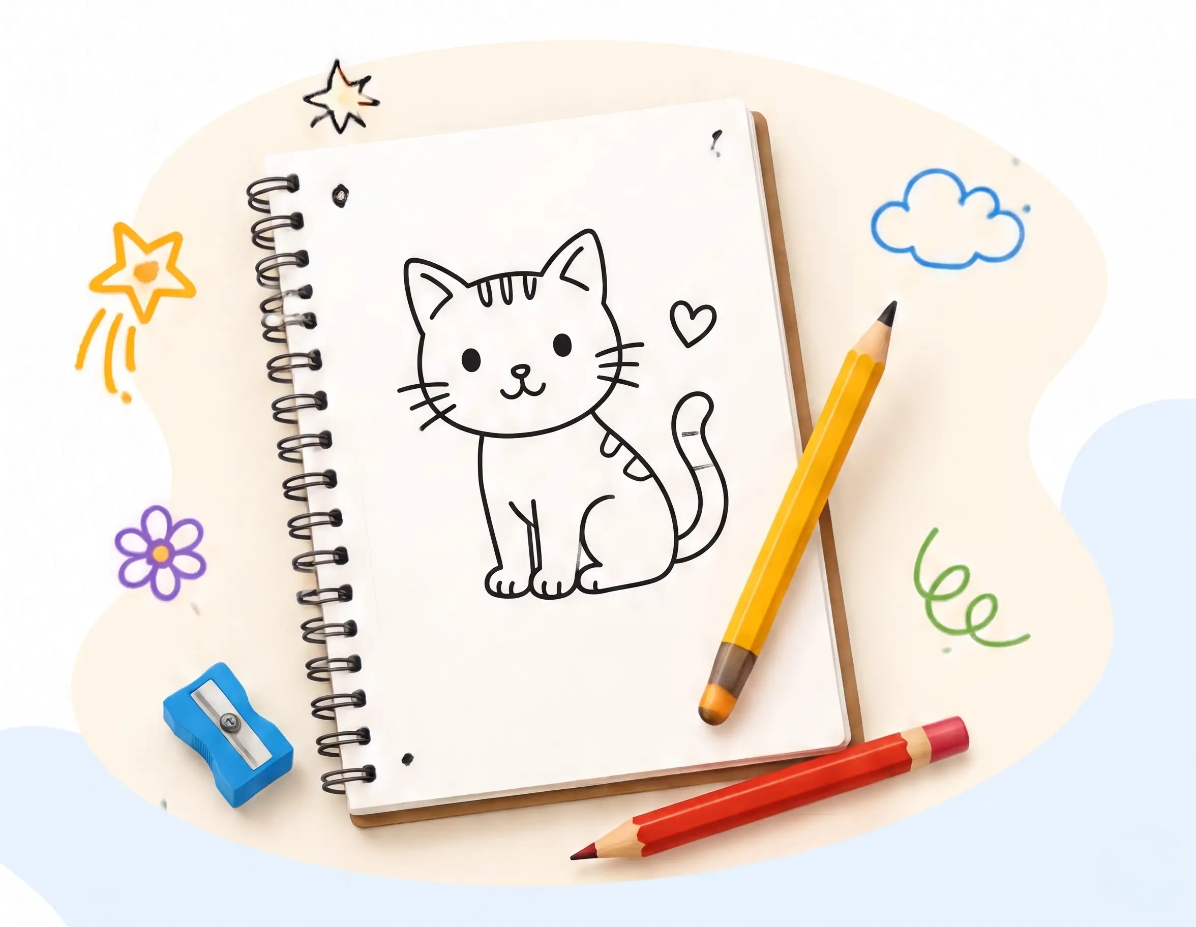 Creative drawing notebook illustration with cat sketch